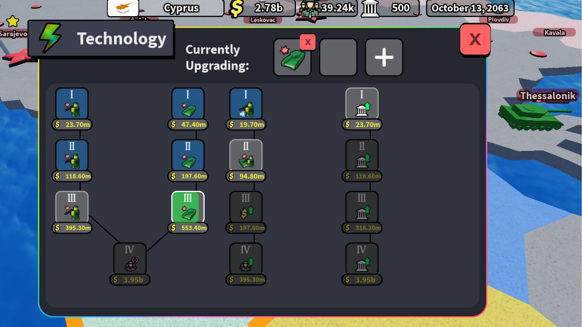 Invest in technology for more powerful troops (Image via Roblox)